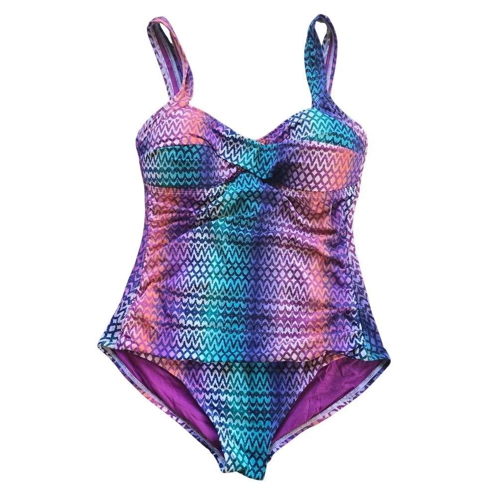 Tommy Bahama 77B Womens Purple Ombre Geometric Ruched One Piece Swimsuit‎ Size 8